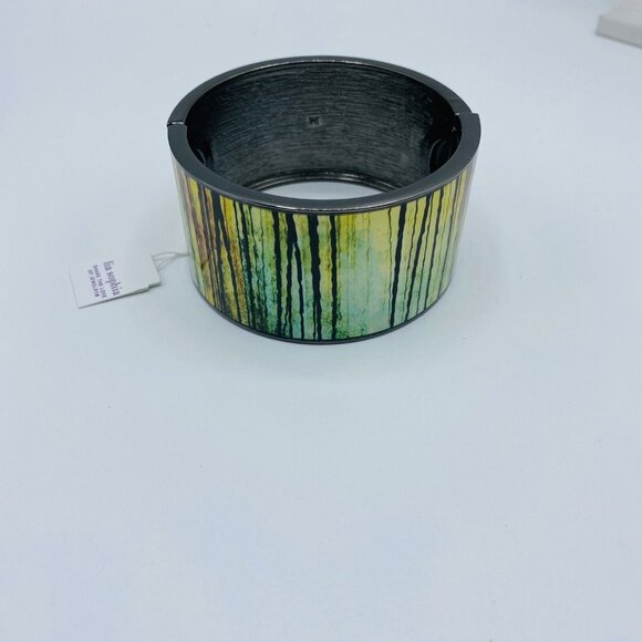 Lia Sophia Sundown Enamel Green Wide Panel Stretch Bracelet Abstract Chunky - Picture 4 of 5